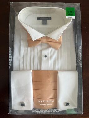 NWT Madison White Tuxedo Shirt with Peach Bow Tie & Cummerbund Size Large